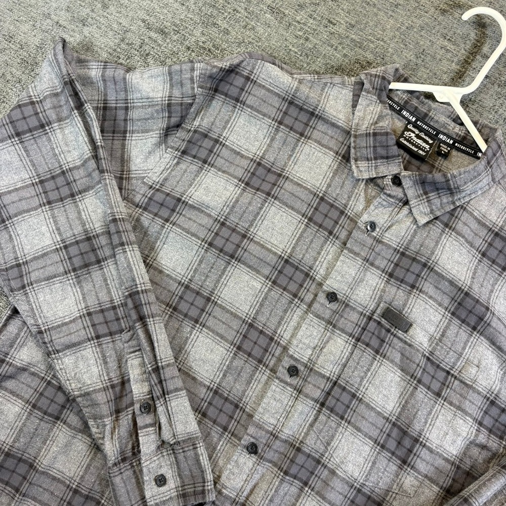 Indian Motorcycle Plaid Button Down Mens L Grey Long Sleeve Embroidered Back